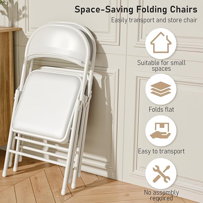 Black Folding Chairs 4 Pack, 350LBS Heavy-Duty Steel Frame Padded Foldable Chairs for Indoor Outdoor Wedding Party Dining Events (White, 4 Pack)