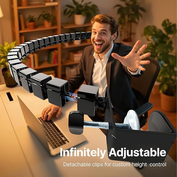 PEGZONE Under Desk Cable Management Spine – Flexible Cable Snake Organizer for Standing Desk, No Drill Clamp-on Vertebrae Wire Management for 0.4"-2" Table, Black