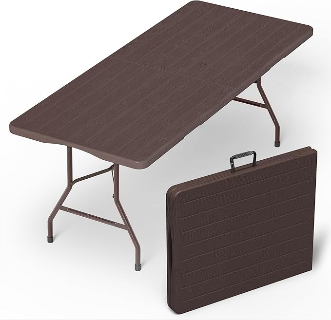 VSOAEIL Folding Table 6 Foot for Indoor Outdoor, Portable Heavy Duty Fold-in-Half Utility Plastic Foldable Dining Table with Carrying Handle for Picnic, Camping and Party, Brown