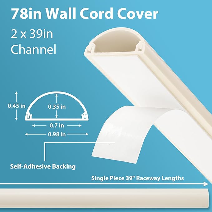 Cord Hider 78in (2X L39in), Cable Hider for 1-2 Cords, Cord Covers for Wires on Wall, Wire Covers for Wall Mount TV, Cable Raceway Beige W1in x H0.4in