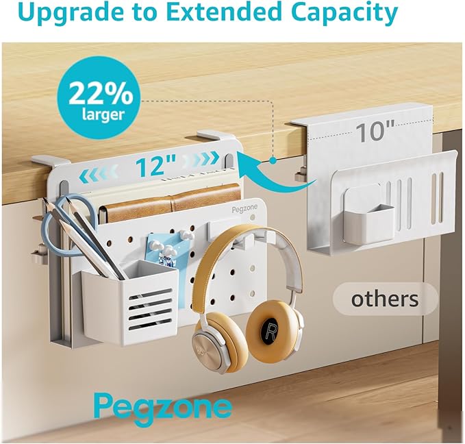 PEGZONE Desk Side Storage Organizer, No Drill Under Desk Laptop Holder, Clamp on Desks Shelf with Pegboard Accessories, Hanging Laptop Mount, Fits Flat Edge 0.4" to 2.2", White