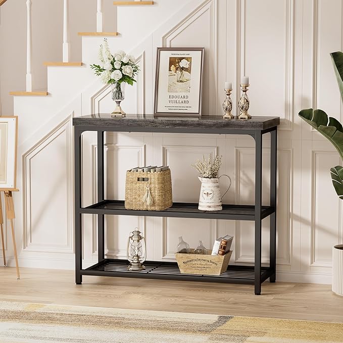 Besiost 32" Small Console Table with 3-Tier Storage, Industrial Narrow Entryway Table, Sofa Table Behind Couch for Hallway, Foyer & Living Room, Sturdy Metal Frame, Oak Grey