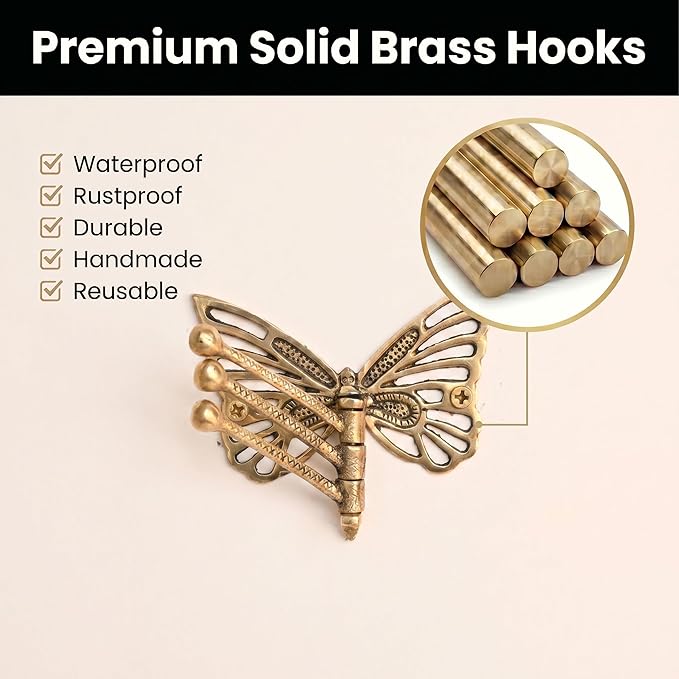 Indian Shelf 33Lb. Brass Butterfly Foldable Coat Hooks Heavy Duty, Swivel Tri Arm Decorative Wall Hooks Gold Key Holder, 3 Prong Vintage Gold Coat Rack Wall Mount, Folding Hat Rack