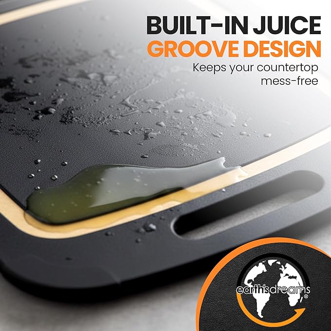 Earth's Dreams Composite Wood Cutting Board Set of 3 – Built In Juice Groove, Non-Toxic Cutting Boards for Kitchen – Large, Medium & Small Non-Slip Wood Charcuterie & Chopping Boards (Black/Tan)