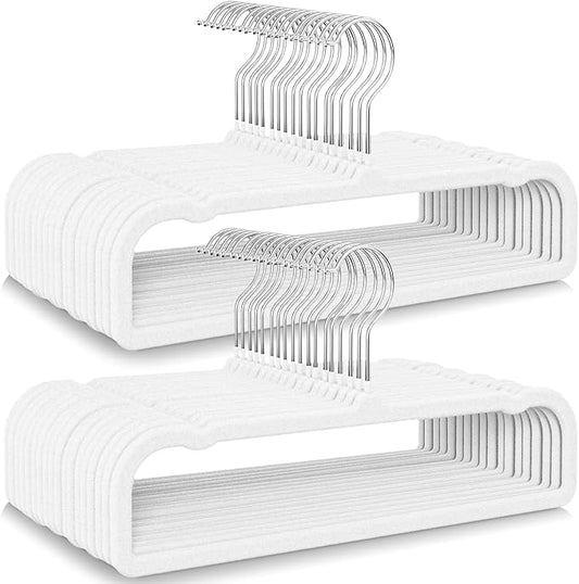 50 Pack Velvet Hangers Non Slip, Felt Pants Hangers Thin Space Saving Clothes Hanger Flocked Strong Durable Ganchos para Colgar Ropa with 360°Swivel Hook for Pants Jeans Shorts Tank Top, Linen White