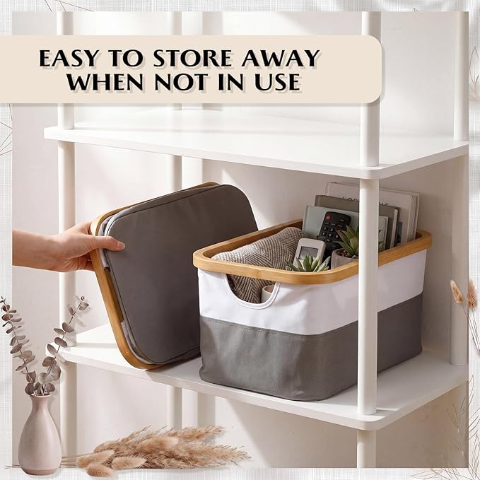 Hushee 4 Pack Bamboo Fabric Storage Bins for Shelves, 15"x10"x7.9" Collapsible Storage Baskets for Organizing, Two-Tone Foldable Bins for Clothes, Towels, Linens(White with Grey)