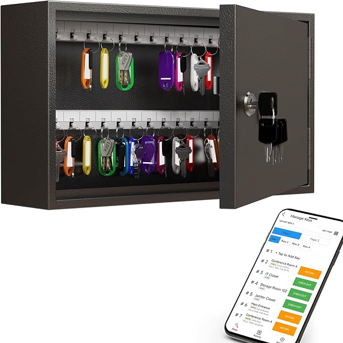 WeHere Key Lock Box for 60 Keys, Wall Mount Key Cabinet with Color Key Tags, Steel Key Storage Box with Lock, Key Holder Organizer for Home, Office, Apartment, Property Management