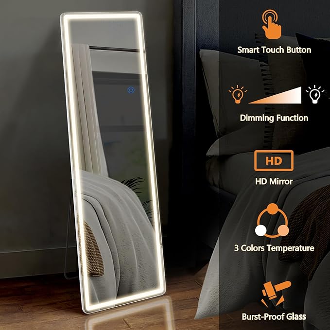 Sweetcrispy Full Length Mirror with LED Lights, 65"x21" Lighted Full Body Floor Mirror with Dimming & 3 Color Lighting, Stand for Bedroom, Dressing Room, White