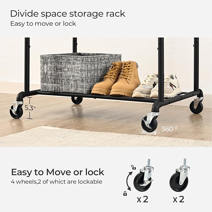 FOUCSSOMEI Heavy Duty Clothes Rack, Rolling Clothing Rack, Garment Rack with Wheels, Double Rod, Max 400Lbs, Black
