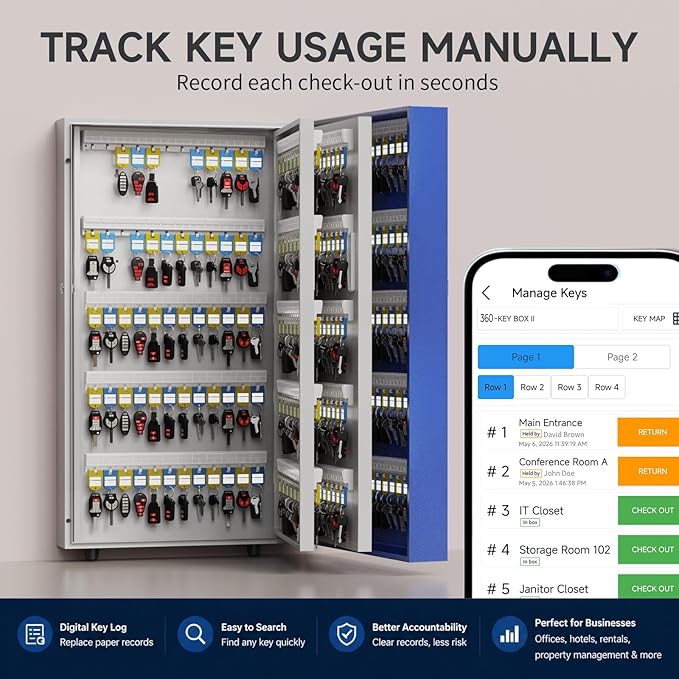 WeHere 360-Key Smart Key Lock Box, Wall-Mount Key Cabinet with Key Management App(Track Key Borrow/Return), Keypad, Bluetooth & WiFi Unlock (Sold Separately) for Commercial, School, Rental, Office