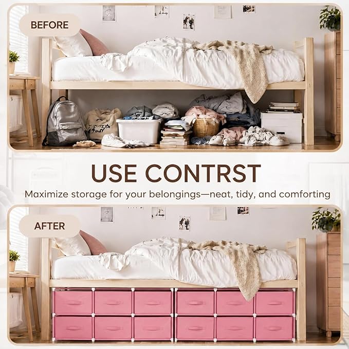 Geetery Under Dorm Bed Cube Organizer Shelf with 6 Cube Fabric Storage Organizer Bins with Handle Dorm Under Bed Closet Drawer for College Essentials Nursery Bedroom Living Room(Pink)