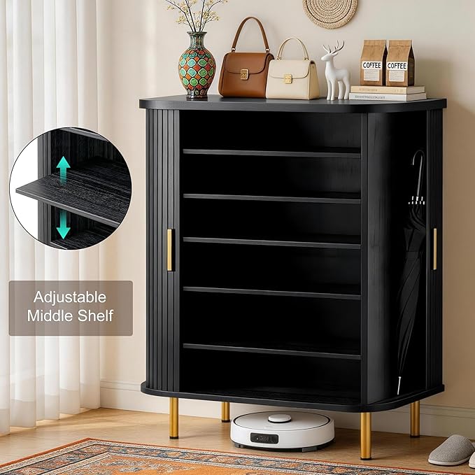 DHH Shoe Storage Cabinet with Sliding Door, 6-Tier Shoe Cabinet with Adjustable Shelves, Mid-Century Modern Freestanding Shoe Storage Organizer for Entryway, Hallway, Living Room (Black, 31.5 ")