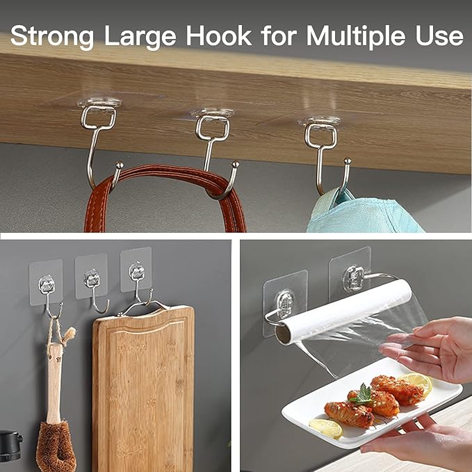 Large Hooks for Hanging Heavy-Duty 44Ib(Max) 10 Packs, Wall Hangers Without Nails Self-Adhesive Traceless Clear and Removable, Waterproof and Rustproof Multiple Uses for Bathroom Kitchen Home