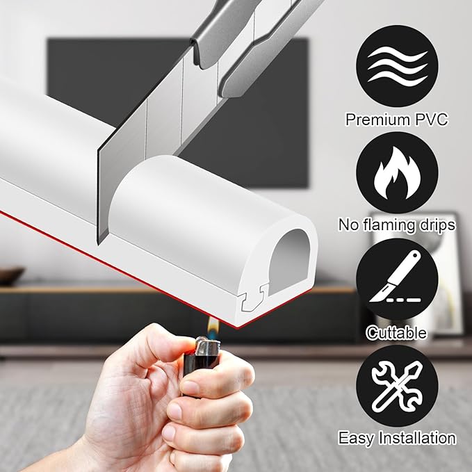 Wall Cord Hider, Flexible Self-Adhesive Wire Cover, Side-Open Cable Raceway for Cords on Wall, Cord Concealer for Mounted TV, Home Theater & Office White