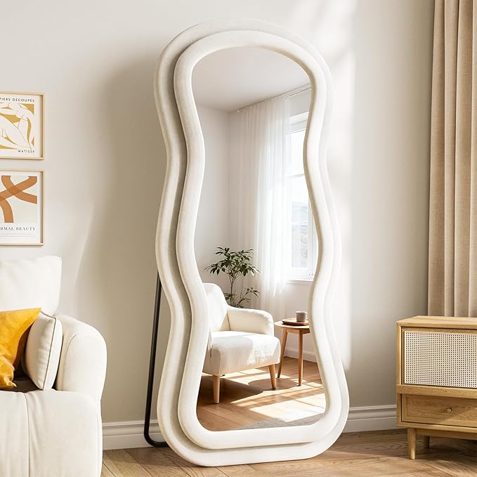 Wavy Full Length Mirror, 63"x24" Full Body Mirrors with Stand, Flannel Floor Mirrors for Bedroom, Living Room, Dressing Room, Hanging Leaning Wall Mirror