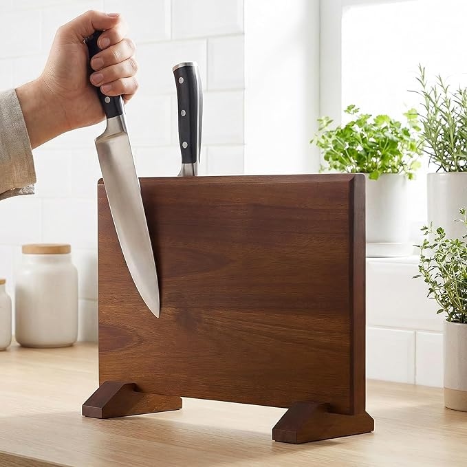 Magnetic Knife Block, Double-Sided Thick Acacia Wood Knife Holder Stand with Strong Magnets, Multifunctional Kitchen Knife Storage Organizer for Countertop