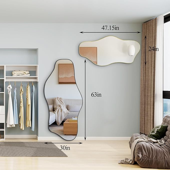 Large Irregular Mirror, 63"x30" Asymmetrical ﻿Tempered Glass Mirrors Full Length, Organic Frameless Wall Mirrors for Living Room Bedroom Entryway Hallway, Hangs Vertically or Horizontally