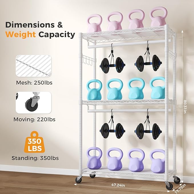 NEWBULIG Heavy Duty Adjustable Clothes Rack with Wheels, Adjustable Rolling Metal Freestanding Garment Closet Organizer with Double Rods & 2 Side Hooks for Hanging Clothes, 47"x17"x80", White