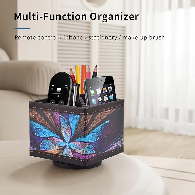Square Leather 360°Rotatable Pencil Holders,Remote Control Holder,Spinning Bedside TV Remote Caddy,Desktop Organizer for Pen,Media Controller,Phone,Glasses,Office Supplies Storage Box(Blue)