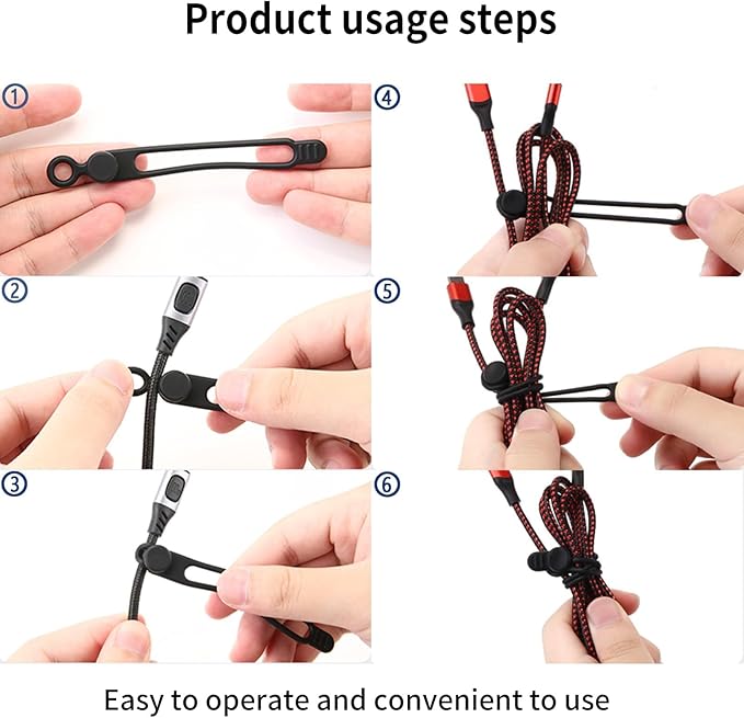 Silicone Cable Ties, 6-Pack Reusable Cord Organizers for Charger Headphone USB Cables, Elastic Wire Management Straps for Home Office Travel, Includes Keychain