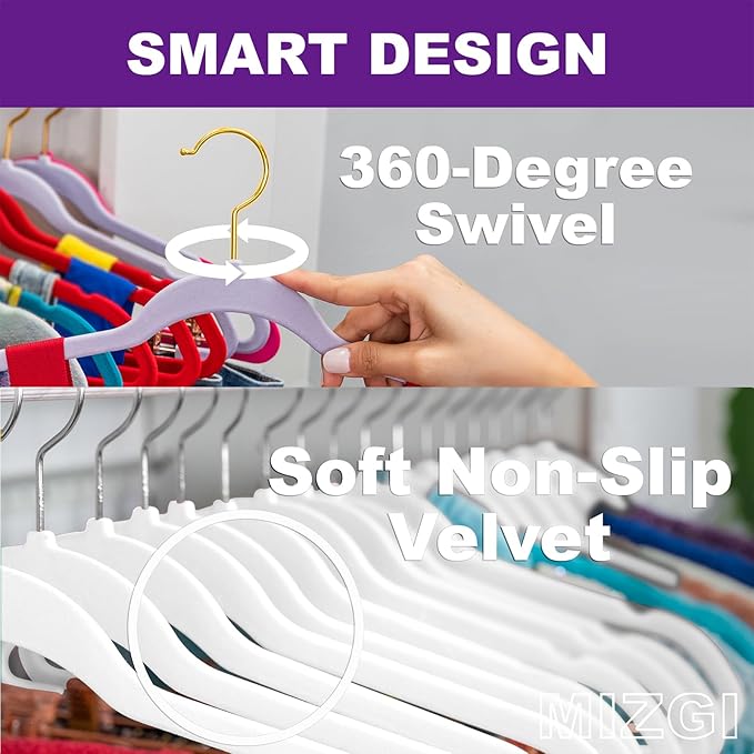 MIZGI White Velvet Hangers 60 Pack,Premium Chrome Clothes Hangers Non-Slip Felt Hangers,Sturdy White Hangers Heavy Duty Coat Hangers,Durable Suit Hangers for Space Saving, No Flocked Hanger Marks