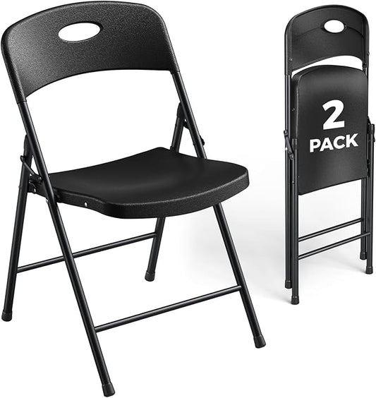 2 Pack Black Folding Chair, Plastic Portable Stackable Commercial Seats with Steel Frame 350lb, Heavy Duty Foldable Chair for Indoor and Outdoor, Patio, Office, Picnic, Kitchen, Events