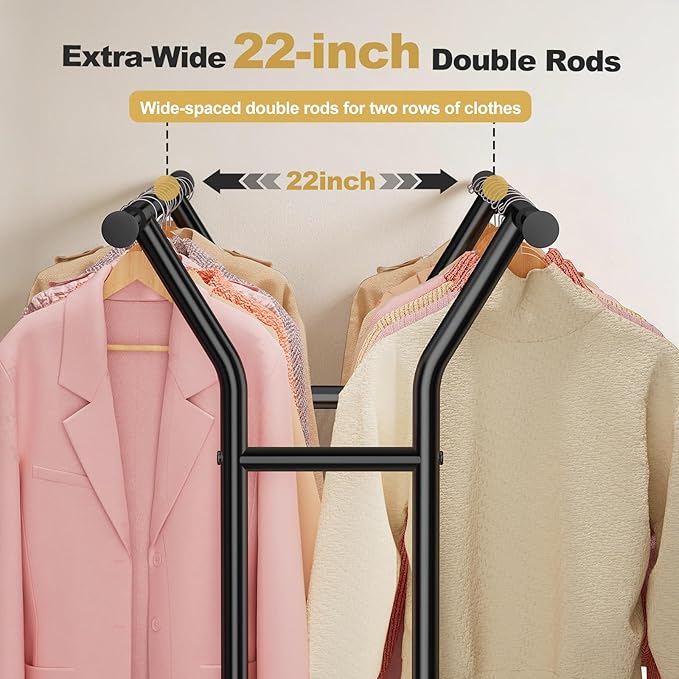 Heavy Duty Clothes Rack - Load 620 LBS, Rolling Clothing Rack for Hanging Clothes with Lockable Wheels & Shelves, Extendable Double Rod Garment Rack for Bedroom, Laundry, Living Room (Black)
