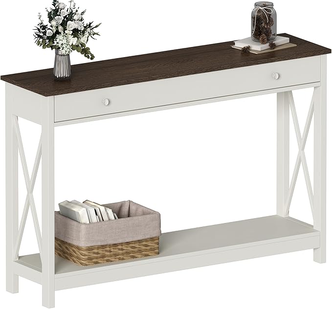 Treocho 47" Farmhouse Console Table with Drawer and Storage Shelves, Foyer Sofa Table Narrow for Entryway, Living Room, Hallway, Antique White & Brown
