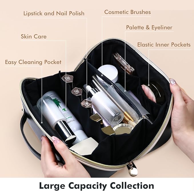 Prite Makeup Bag for Women Travel Waterproof Vegan Leather Cosmetic Bag Open Flat Toiletry Bag With Clear Divider and Handle (Black, Large Pro)