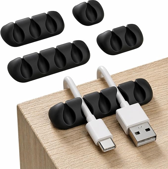 GLUIT Cord Organizer for Desk, Cable Holder for Nightstand, Charger Organizer, Adhesive Desktop Wire Clips, Multislot Cable Management, Table Organizer Accessories - 5 Pack, 15 Slots, Black