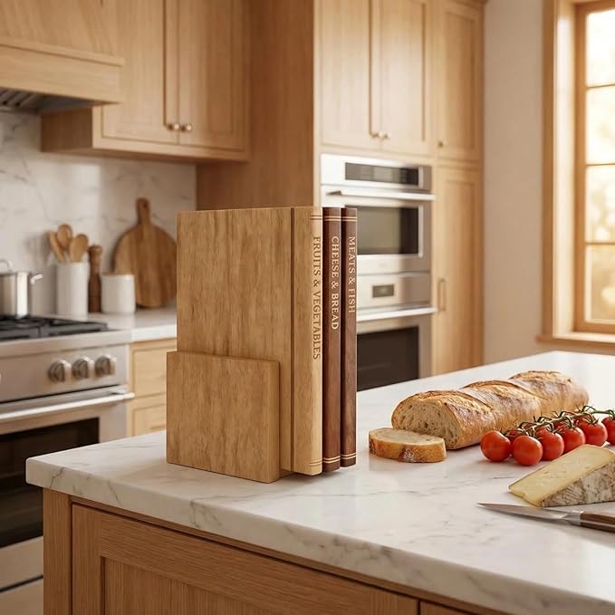 Book Cutting Board Set with Stand - Wooden Library Shaped Chopping Boards That Look Like Books, Labeled Meat, Fish, Cheese & Bread, Fruits & Vegetables, Decorative Kitchen Cutting Boards