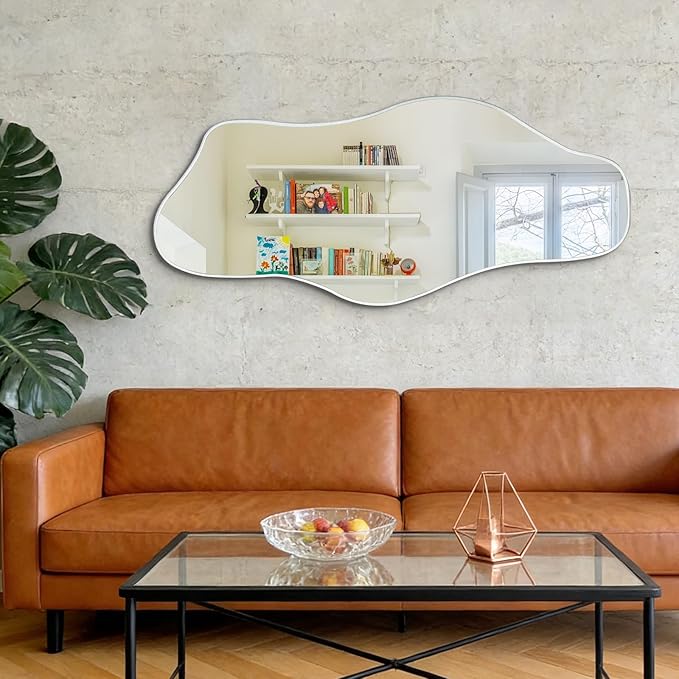 Irregular Frameless Mirror, 54.5"x24" Asymmetrical Tempered Glass Mirror, Modern Silver Organic Wall Mirrors for Living Room Bedroom Hallway Entryway, Horizontal or Vertical Hanging
