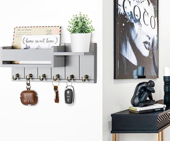 RelaxScene Key Holder Wall Mount - Key Hooks for Wall Decor Living Room - Wooden Key Hanger Rack and Mail Organizer with Shelf for Home Essentials - Modern Entryway House Decor Aesthetic