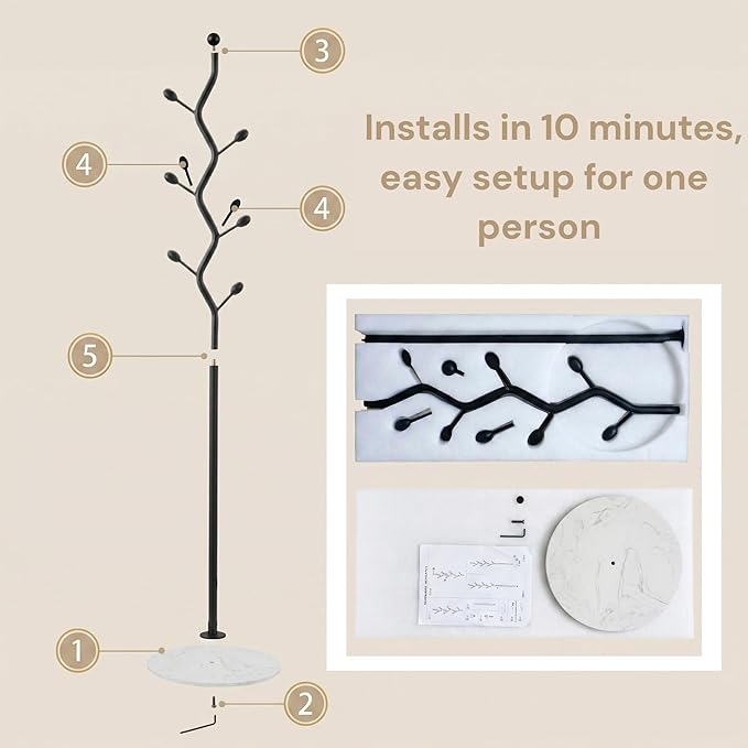 Freestanding Tree Branch Coat Rack with Marble Base, Gold Decorative Standing Coat Rack with 8 Hooks, Sturdy Heavy Duty Metal Coat Hanger Stand for Entryway Bedroom Living Room (Black + White)
