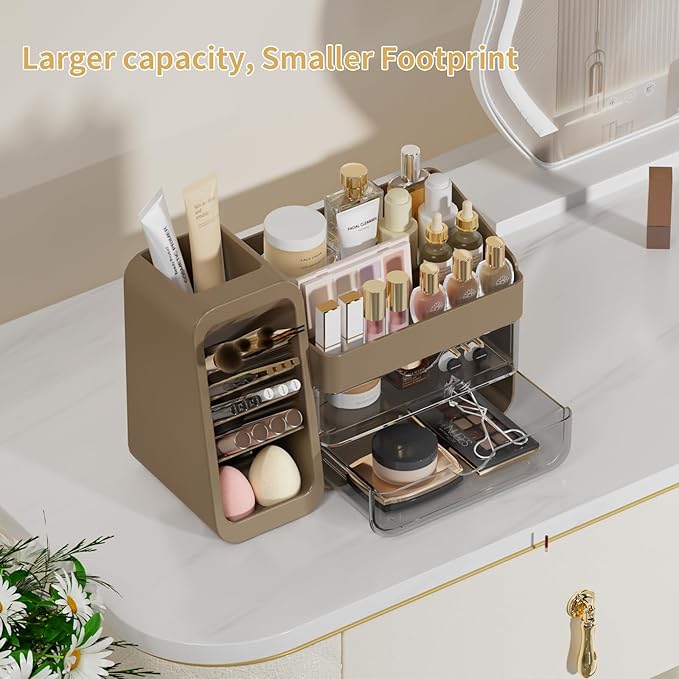 Makeup Organizer with Adjustable Brush Holder for Vanity, Large Skincare Organizer for Bathroom Countertop, Cosmetic Display Case with Drawers, Multi-Function Storage for Perfume, Lipstick, Palettes