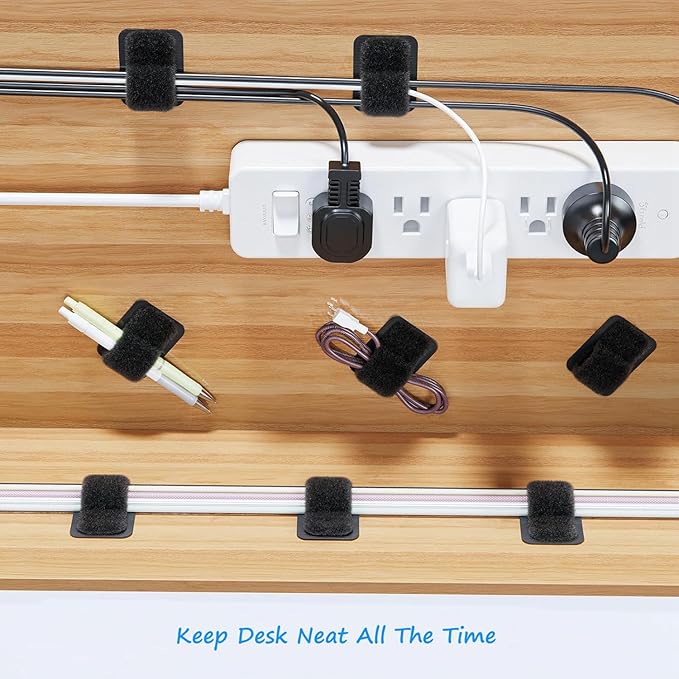 Under Desk Cable Management Set - 20 Pair Adjustable Hook and Loop Cable Ties with Adhesive Backing + 100 Pack 6 Inch Zip Ties, Complete Cord Organizer Kit for Home Office Desk Wire Management (Black)