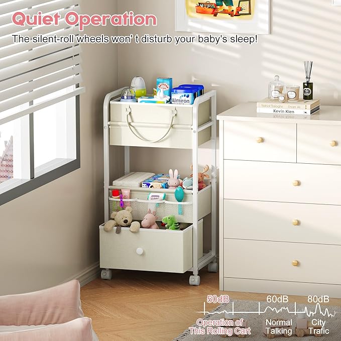 Cidaziya 2In1 Baby Diaper Caddy Organizer and Storage, 3 Tier Rolling Cart with Drawer, Detachable Dividers, Mobile Utility Cart Baby Dresser Clothes Organizer for Baby Essentials, Bedroom, Nursery