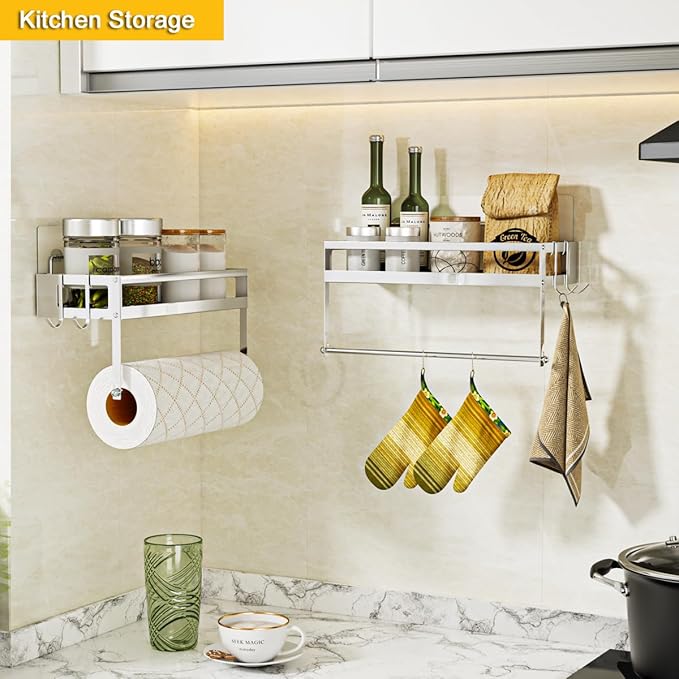 ESOW Paper Towel Holder with Shelf Storage, 2-in-1 Wall Mounted Paper Towel Roll Rack Basket for Kitchen, Balcony & Bathroom, Self-Adhesive or Drilling Installation, SUS304 Brushed Nickel Finish