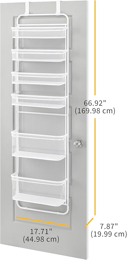 Whitmor Over The Door Organizer Storage, 6 Tier Hanging Door Organizer with Metal Frame & Mesh Baskets, Heavy Duty Behind Door Storage for Pantry, Bathroom, Closet, 17.7"W x 7.9"D x 67"H, White