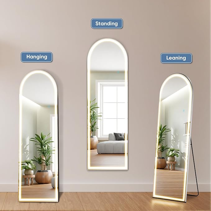 OLIXIS 16"×60" Arched LED Full Length Mirror with Lights, Standing Lighted Floor Full Body Mirror with 3 Color Lighting, Wall Mounted Mirrors for Bedroom, Home, Entryway with Tempered Glass