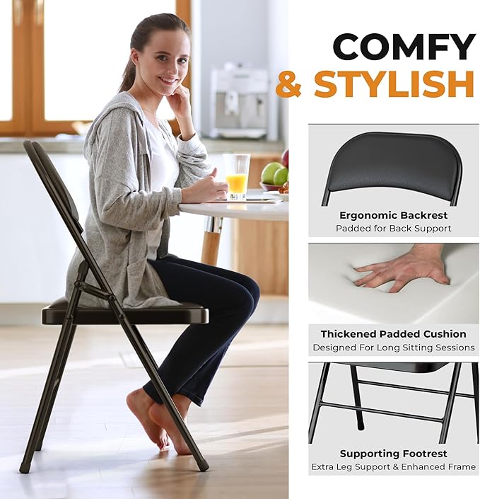 Our Modern Space 8 Pack Leather Chair | Foldable & Stackable | 350 lbs Capacity Steel Frame Seats for Indoor or Outdoor | Commercial Use Events Wedding Party Events Bulk Picnic Kitchen Dining - Black