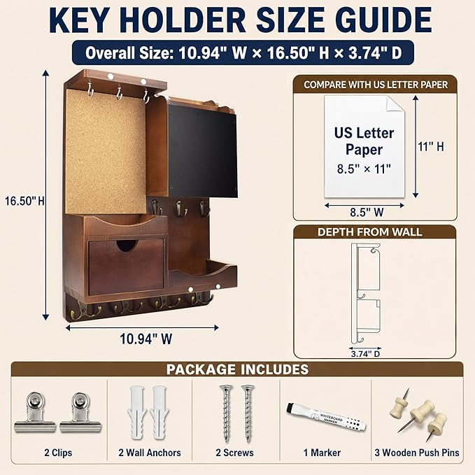 Key Holder Wall Mount， Mail Organizer Key Holder for Wall with Shelf, Drawer, Chalkboard, Corkboard, Home Decor Wall Mounted for Room Entryway(Vintage Brown)