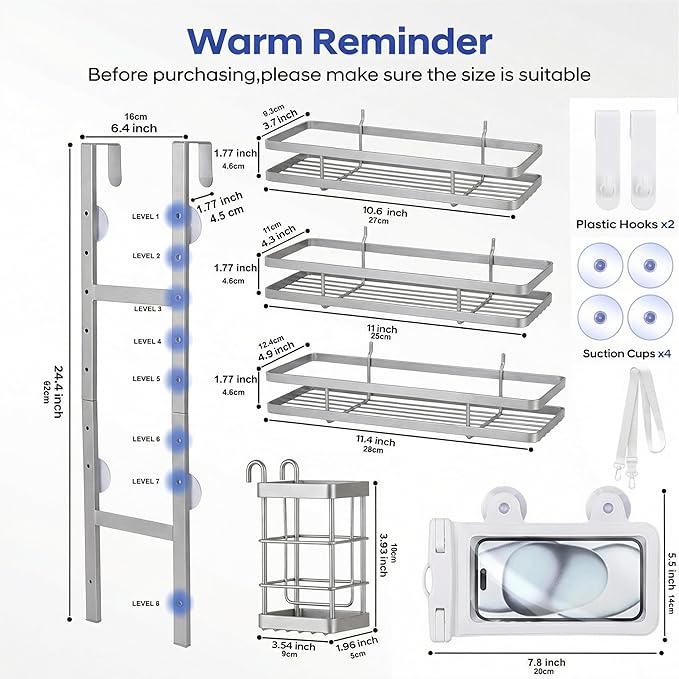 Over the Door Shower Caddy Hanging, Rustproof Shower Shelves with Waterproof Phone Pouch, Adjustable Bathroom Organizers and Storage, No Drilling Shampoo Soap Shelf (Silver 3-Tier)