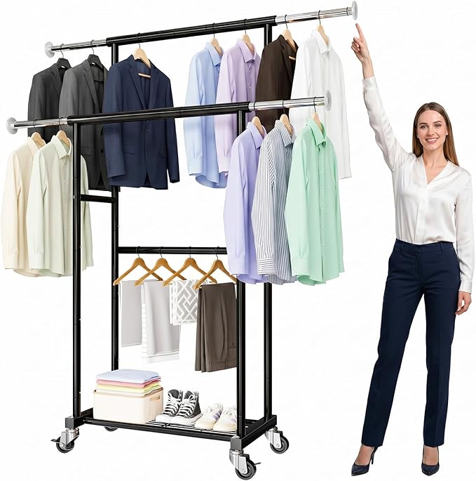 80" Tall Clothing Rack for Hanging Clothes 400 Lbs, Double Rod Rolling Clothes Rack with Lockable Wheels, Portable Garment Coat Rack for Bedroom Laundry Living Room, Black