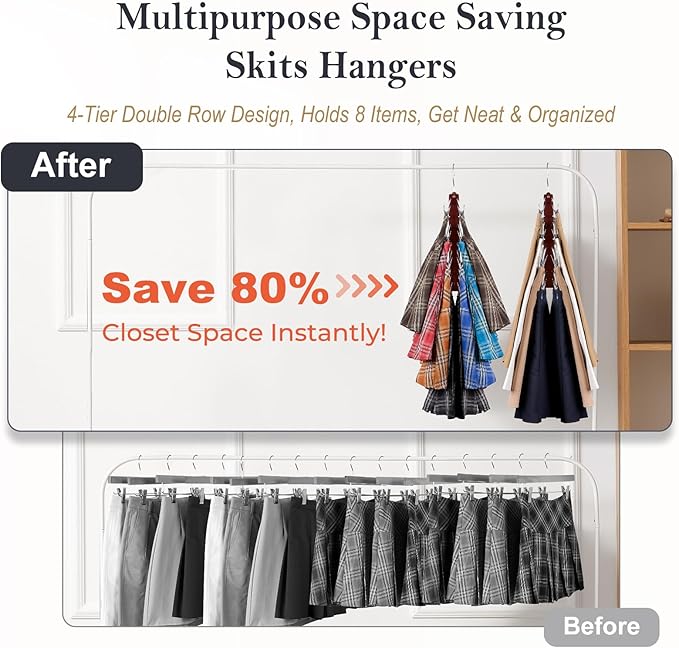 HOUSE DAY Skirt Hangers Space Saving 2 Pack, Double Row 4-Tier Non-Slip Hangers with Clips for Skirts, Shorts, and Pants - Lotus Wood Clip Hanger for Women - Closet Organizers and Storage (Mahogany)