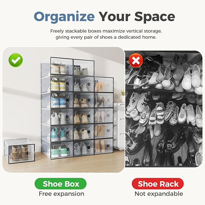 OLIXIS Shoe Storage Boxes, 12-Pack Clear Stackable Shoe Organizers with Lids, Sneaker Display and Storage Containers for Closet, Under Bed, Entryway, Black