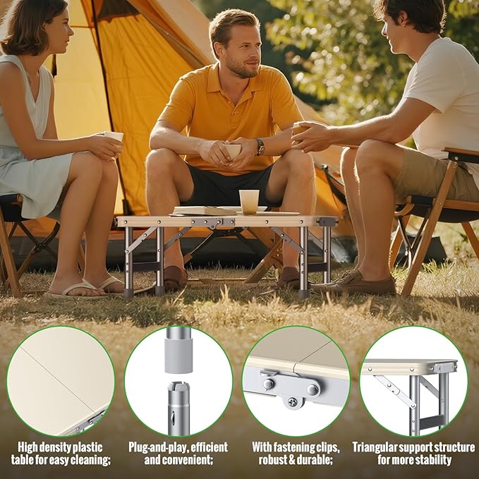 GARLLEN Waterproof Camping Table with High-Density Plastic Tabletop, Portable Folding Picnic Table with 3 Adjustable Height, Aluminum Frame Outdoor Table for BBQ, Camping, Indoor Use, 22.8"L x 15.7"W