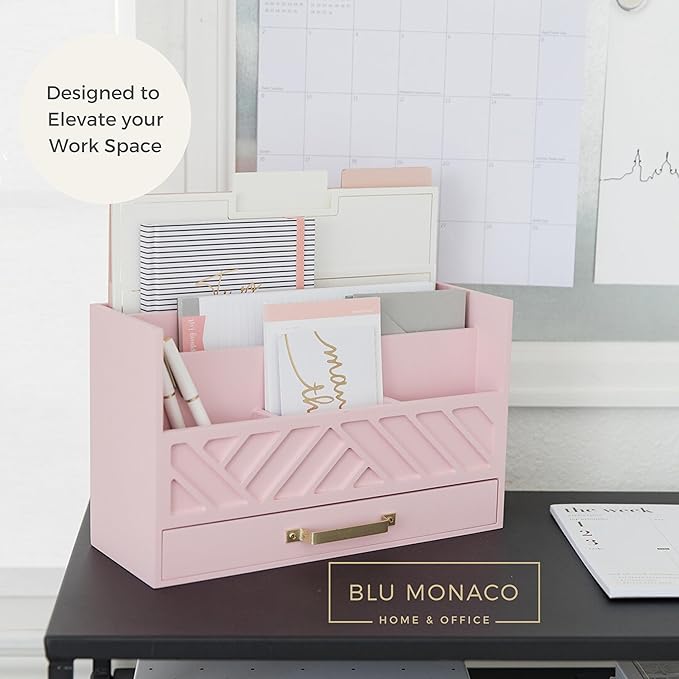 BLU MONACO | Pink Desk Organizers Wooden Mail Organizer with Drawer | Mail Sorter Organizer Countertop Gold Handle | Desk Organizers and Accessories Pink Office Storage