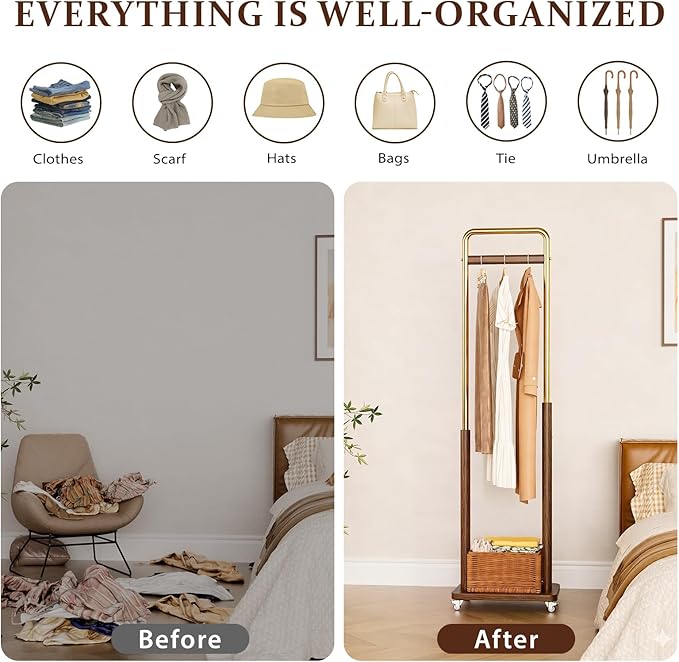Taitiy Clothes Rack Solid Wood Coat Rack, Metal and Solid Wood Combination Clothing Rack with Wheels for Entryway, Bedroom, Living Room, Coat Racks Freestanding for Hanging Clothes Garment Scarf