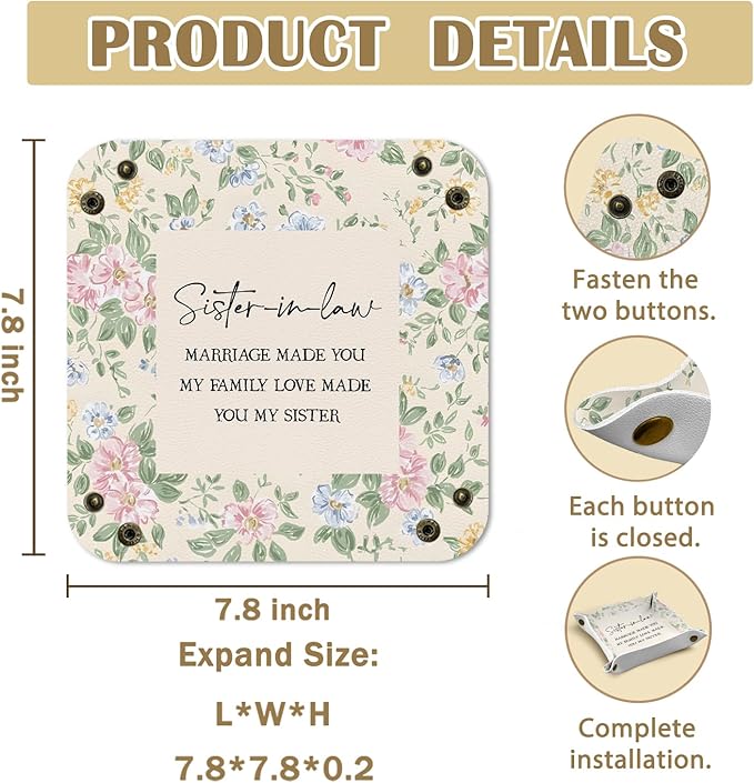 Sister in Law Gifts Jewelry Valet Tray for Women, Gifts for Sister in Law PU Leather Catchall Beside Caddy Nightstand Organizer Tray for Jewelry Rings Watches Keys and Accessories, 7.87x7.87in